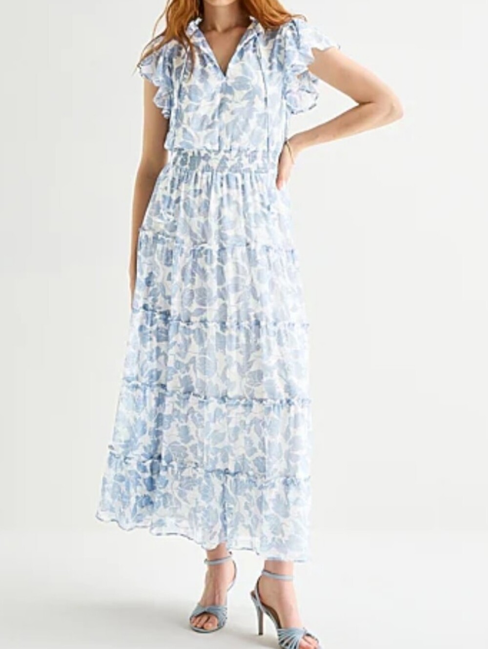 MSK Size Medium Blue Tie Neck Short Sleeve Flutter Chiffon Maxi Dress Msrp $99